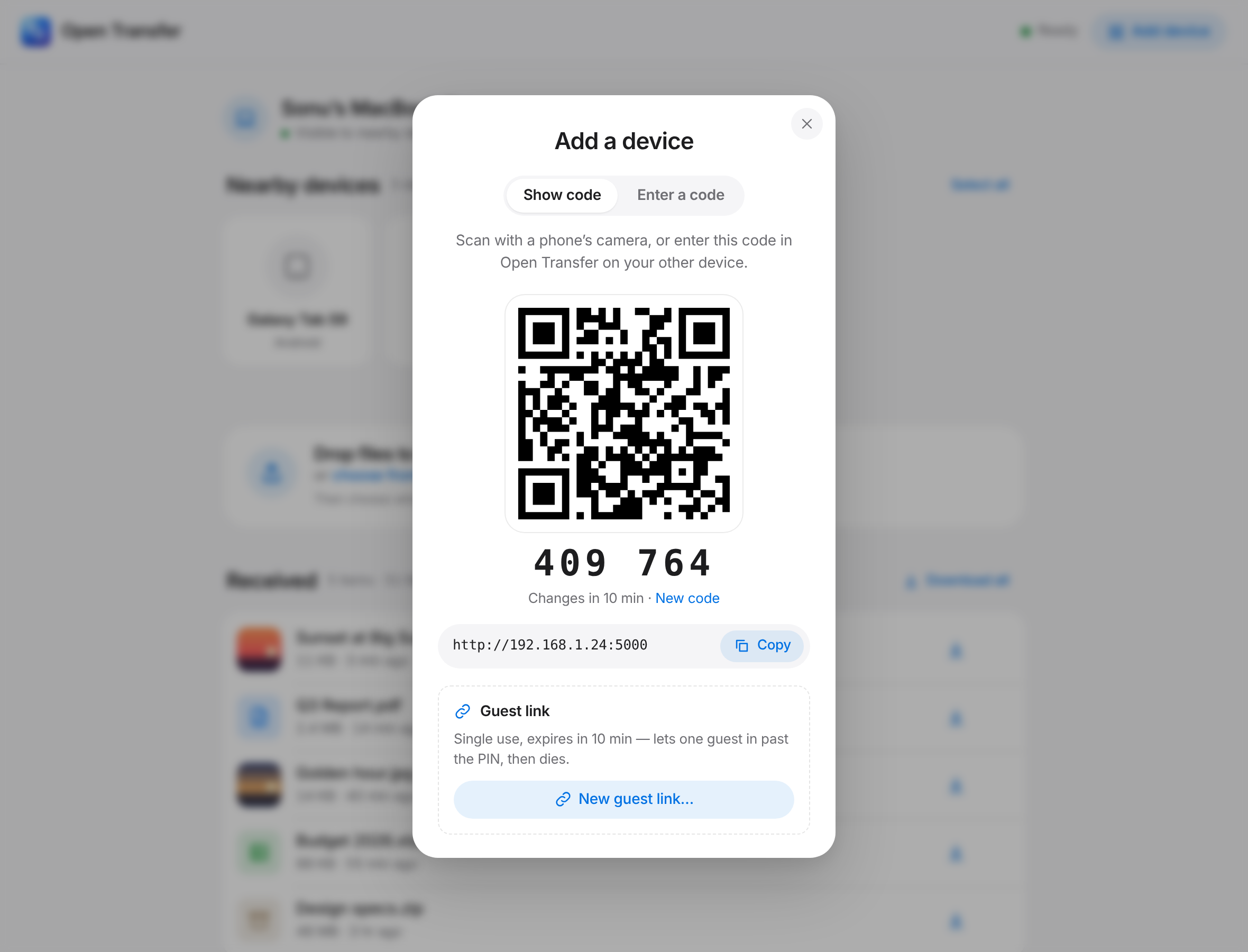 Add a device sheet with a QR code and 6-digit pairing code