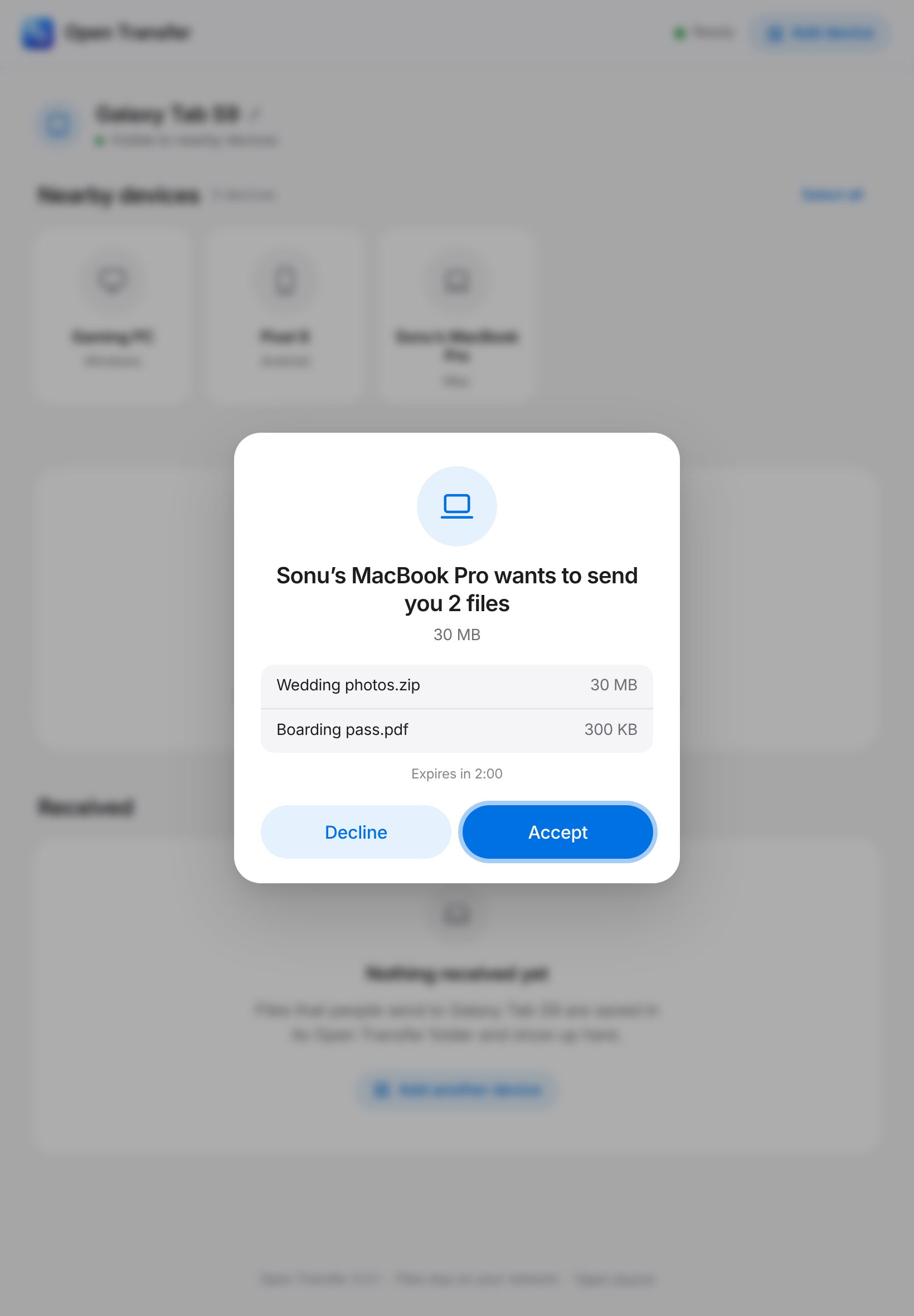 Galaxy Tab asked to accept two files from a MacBook